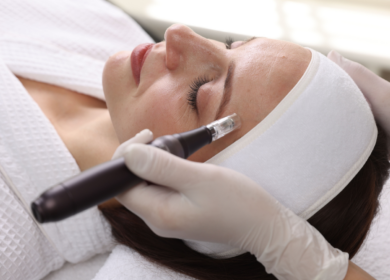 Woman receiving microneedling treatment during microneedling vs vampire facial skin rejuvenation procedure to improve texture and collagen