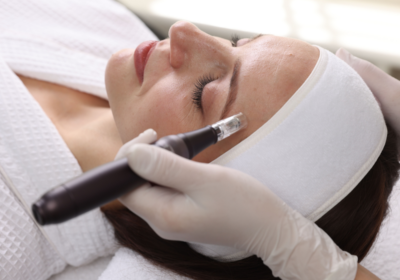 Woman receiving microneedling treatment during microneedling vs vampire facial skin rejuvenation procedure to improve texture and collagen