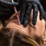 Woman receiving forehead Botox injections during Sculptra vs Botox injectable facial rejuvenation treatment consultation