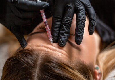 Woman receiving forehead Botox injections during Sculptra vs Botox injectable facial rejuvenation treatment consultation