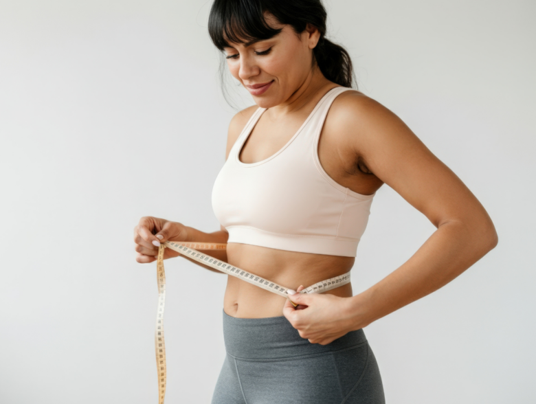 Woman holding a tape measurer around her waist representing tips for starting semaglutide and medical weight loss preparation