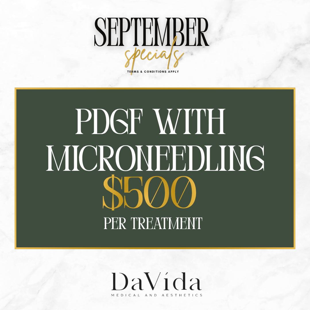 September special flyer — PDGF with Microneedling for $500 per treatment at DaVida Medical and Aesthetics in San Antonio.