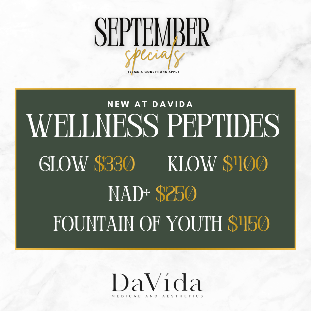 New at DaVida flyer — Wellness Peptides: Glow $330, Klow $400, NAD+ $250, Fountain of Youth $450, San Antonio.
