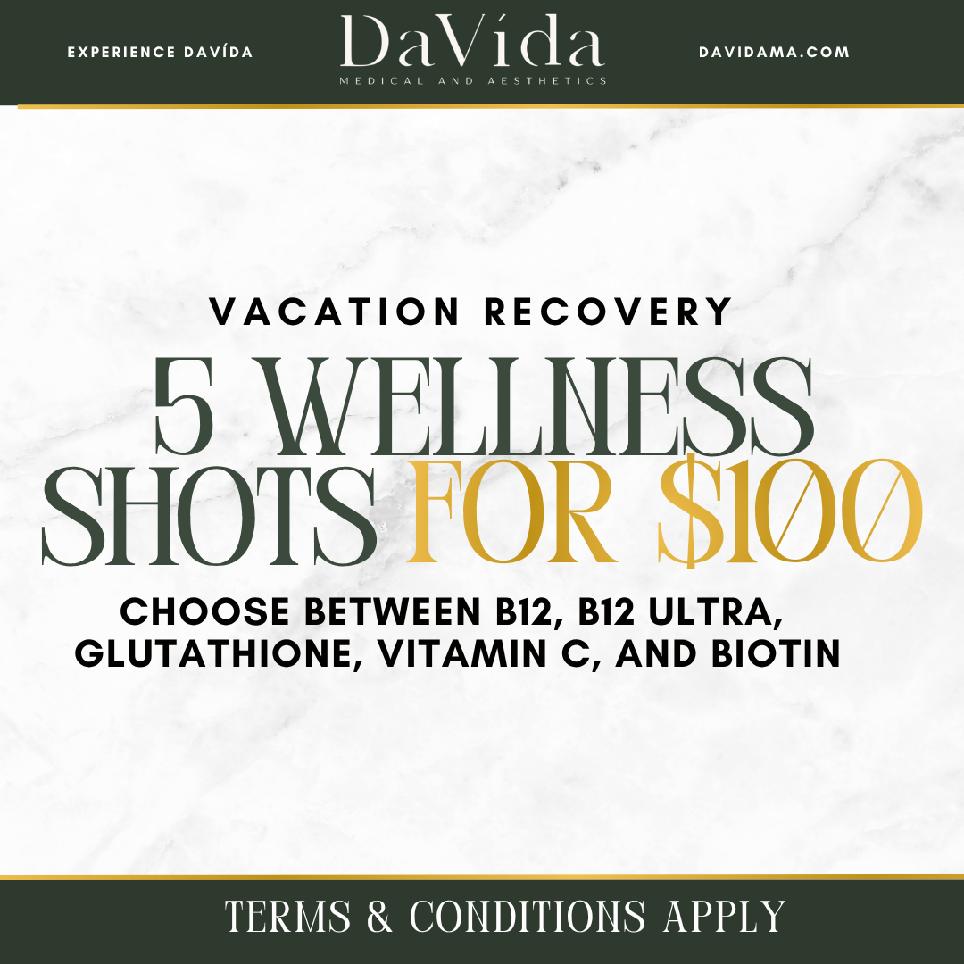 Vacation Recovery flyer — 5 wellness shots for $100 (B12, B12 Ultra, Glutathione, Vitamin C, Biotin) at DaVida, San Antonio.