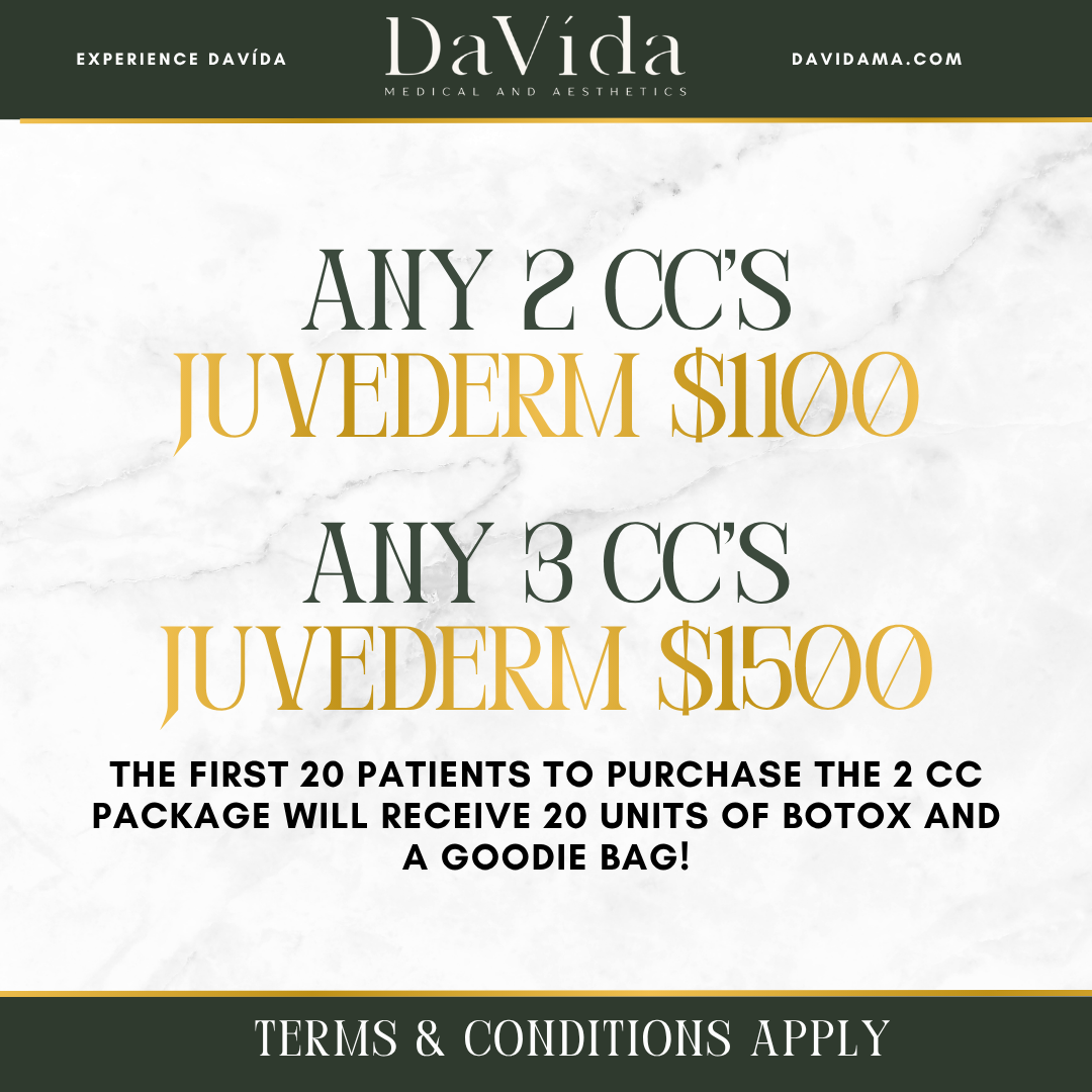 DaVida Juvederm special flyer — 2 CC's $1,100 or 3 CC's $1,500; first 20 patients get 20 units of Botox and a goodie bag.