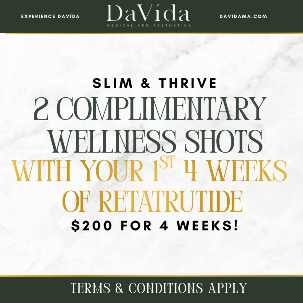 Slim & Thrive flyer — $200 for 4 weeks of Retatrutide plus 2 complimentary wellness shots at DaVida in San Antonio.