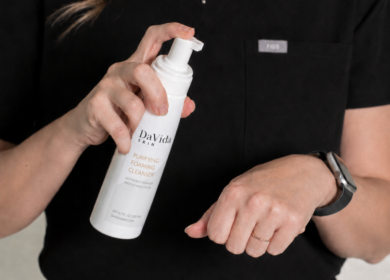 Gentle, fragrance-free skincare products arranged for a sensitive skin routine