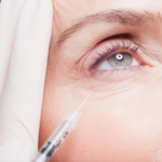 Provider injecting under-eye filler into a client's tear trough with a cannula