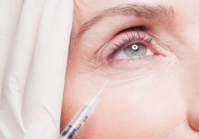 Provider injecting under-eye filler into a client's tear trough with a cannula