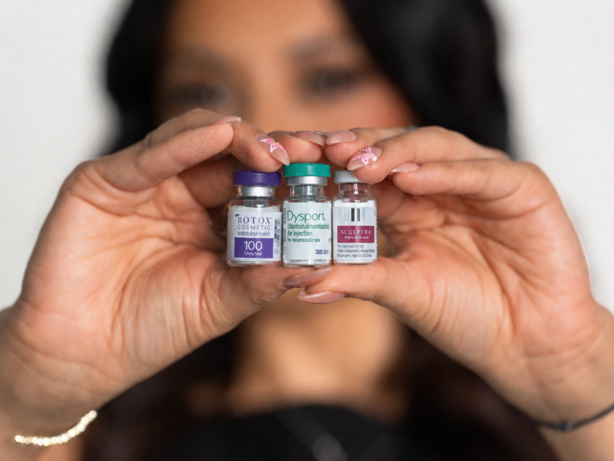 Injector comparing Dysport and Botox wrinkle relaxer vials at a San Antonio med spa