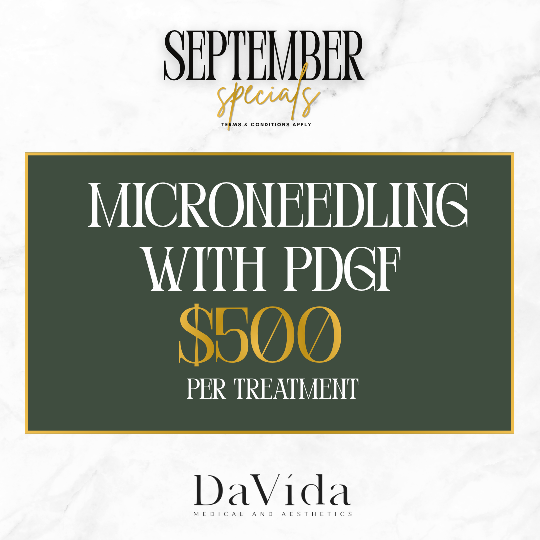 September special flyer — PDGF with Microneedling for $500 per treatment at DaVida Medical and Aesthetics in San Antonio.