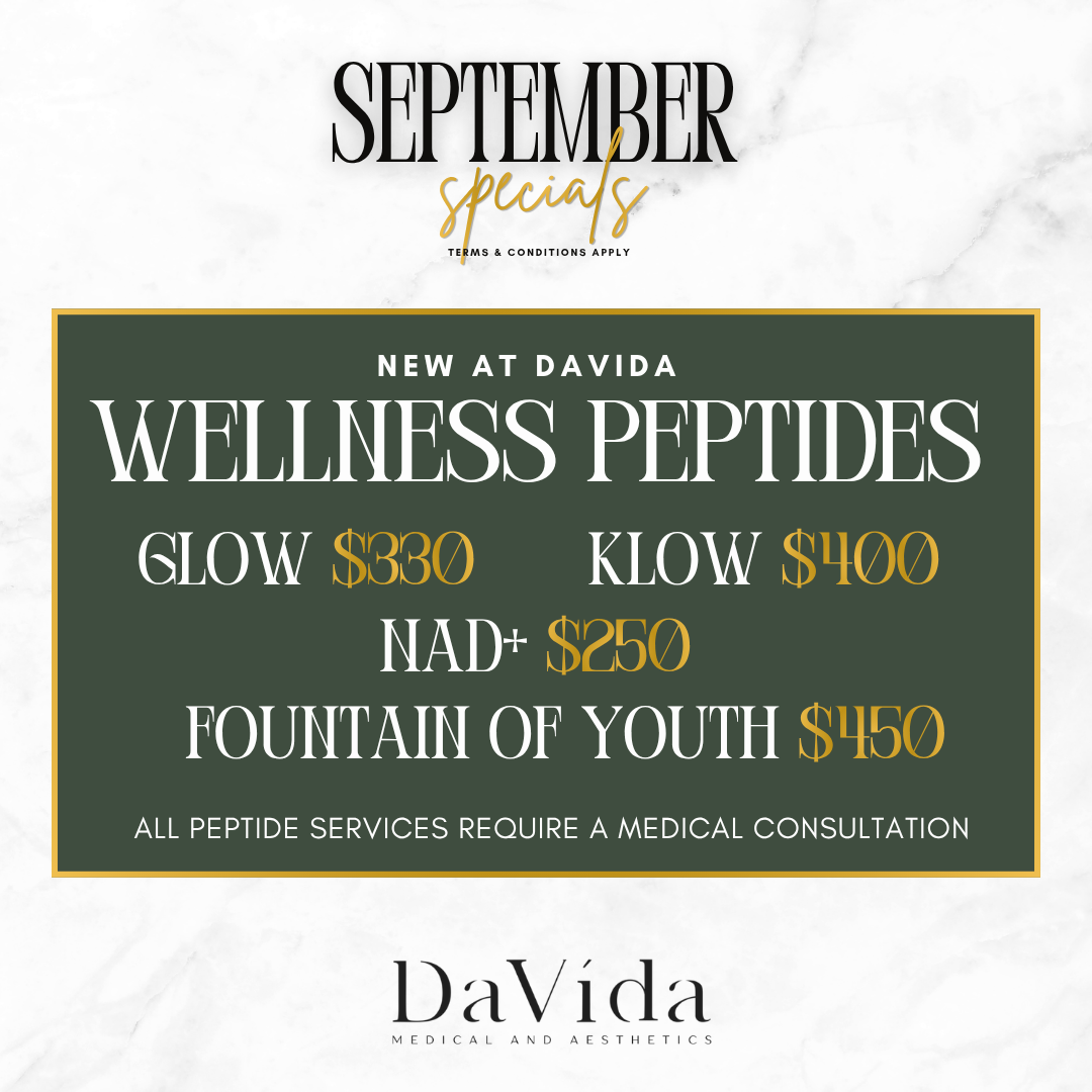 New at DaVida flyer — Wellness Peptides: Glow $330, Klow $400, NAD+ $250, Fountain of Youth $450, San Antonio.