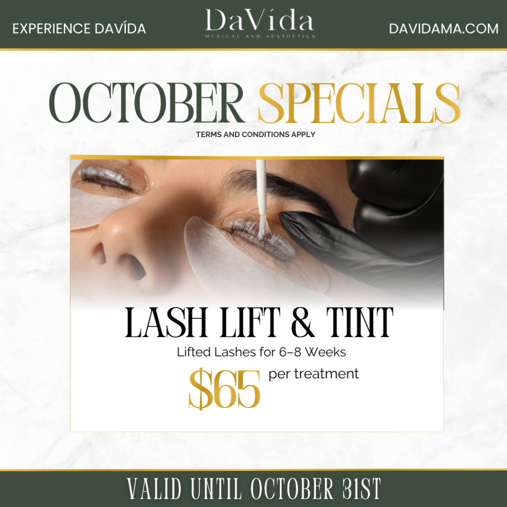 October special flyer — Lash Lift & Tint for $65 per treatment, lifted lashes for 6–8 weeks, at DaVida Medical and Aesthetics in San Antonio.