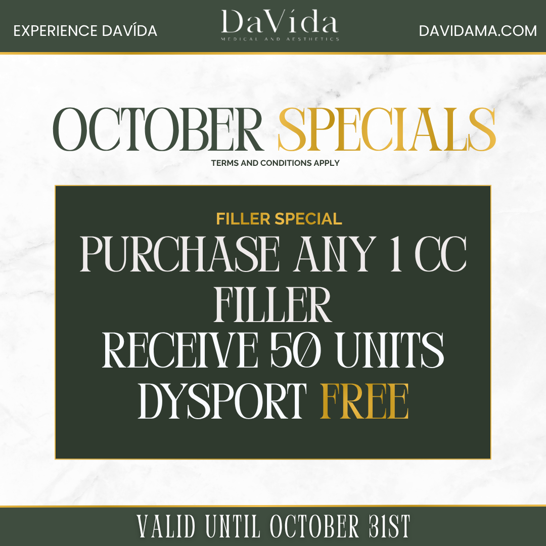 October filler special flyer — purchase any 1 CC of filler and receive 50 units of Dysport free at DaVida Medical and Aesthetics in San Antonio.