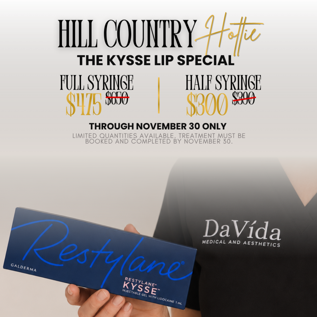 Hill Country Hottie flyer — Restylane Kysse lip filler special, full syringe $475 (reg. $650) or half syringe $300 (reg. $390), at DaVida in San Antonio.